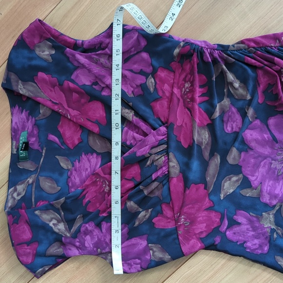 Ralph Lauren faux wrap dress blue with fuscia pink and cherry flowers. - Picture 9 of 10